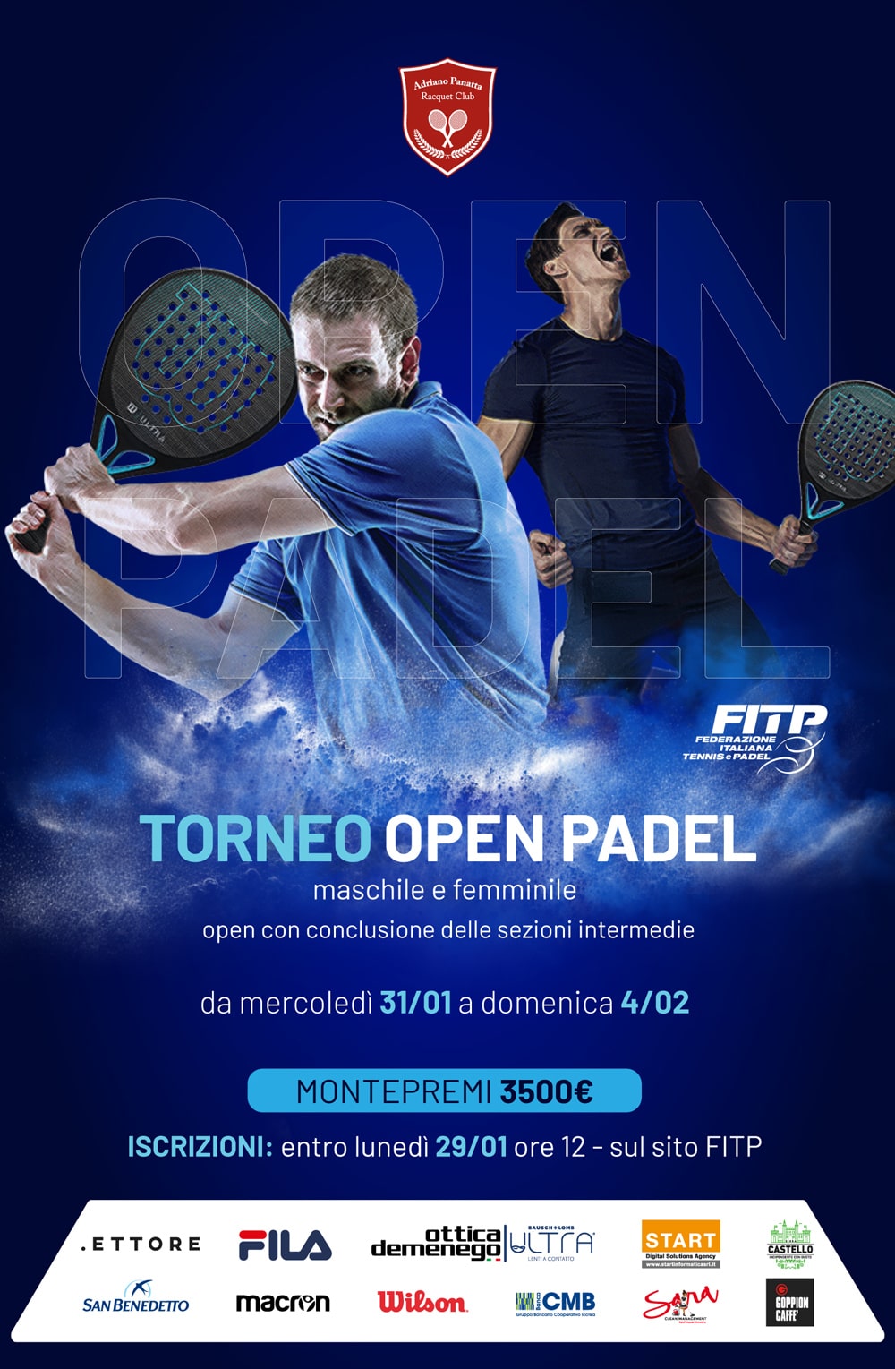 L'Adriano Panatta Racquet Club organizza a gennaio 2024 il Torneo di Padel circuito Open Maschile e Femminile