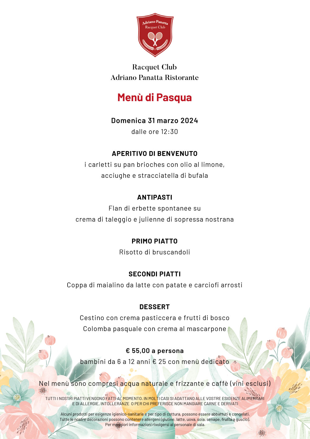 menù di Pasqua del ristorante a Treviso Club House Adriano Panatta