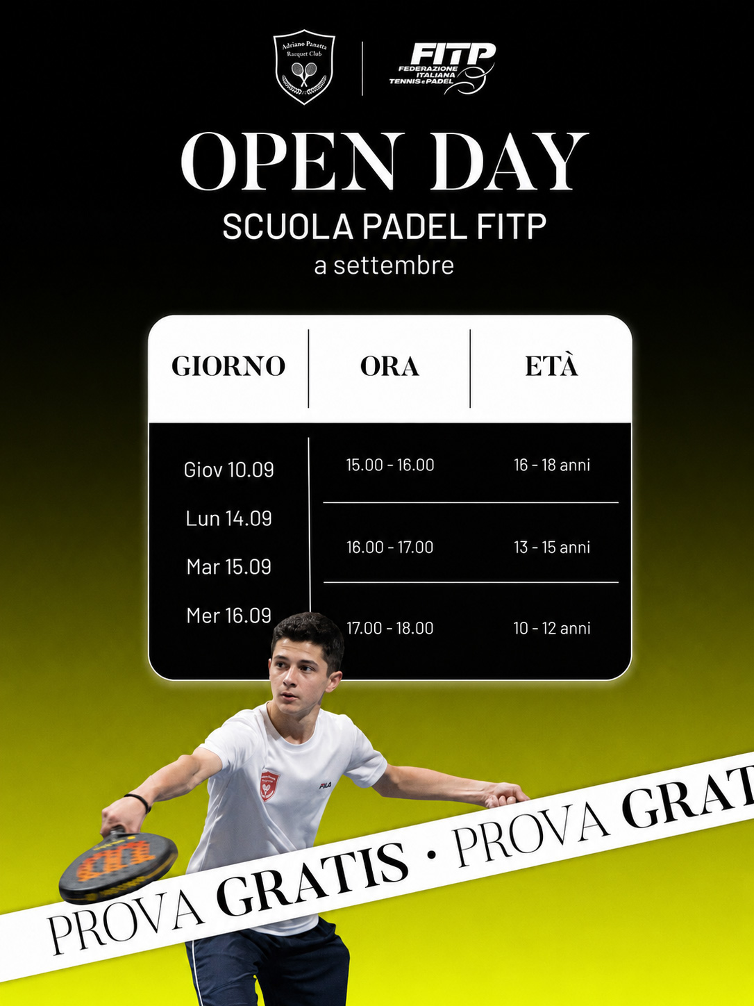 open day prova gratuita scuola padel treviso panatta